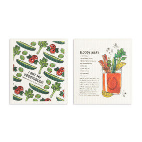 Two biodegradable dish cloths, one is white with the saying "I eat my vegetables (when served in my drink)" and the other has illustrations of a bloody mary recipe.