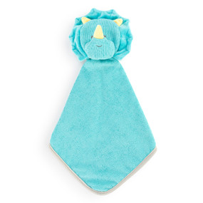 A blue terrycloth washcloth with the face and yellow horns of a dinosaur.