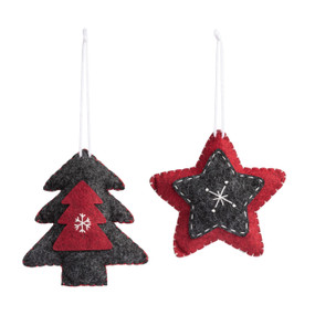 Two red and gray felt ornaments, one shaped like a star and the other like a tree, each with simple white stitching of a snowflake in the middle.