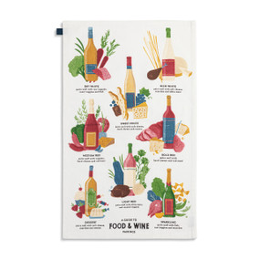 A white fabric towel with colorful illustrations and instructions for "food and wine pairings".