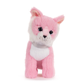 A pink and white plush small cat.