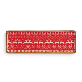 A long rectangular wood enamel tray with a repeating knit pattern in red and cream.