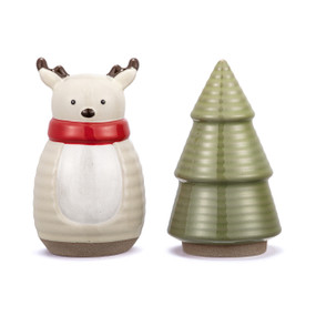 A set of salt and pepper shakers with one shaped like a reindeer wearing a red scarf and the other shaped like an evergreen tree.