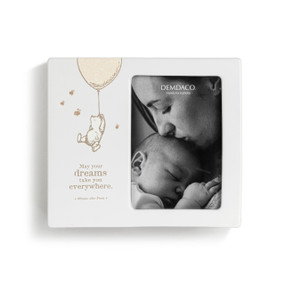 A white ceramic 4x6 photo frame that says "May your dreams take you everywhere" with an image of Pooh hanging from a balloon.