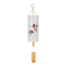 A white tubular ceramic wind chime with a wood chime. There is a watercolor hummingbird above a coneflower on the outside.