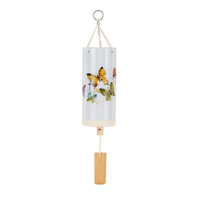 A white tubular ceramic wind chime with a wood chime. There are watercolor colorful butterflies around the outside.