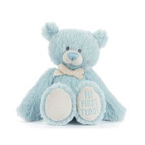A mini light blue plush bear with "My First Teddy" embroidered on the paw of his left leg.