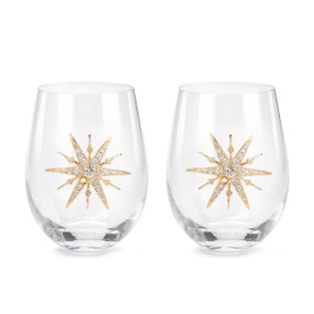 A set of two stemless wine glasses with gold and silver Stars of Bethlehem on the front.