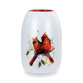 A white ceramic vase with a red interior and a pair of red watercolor cardinals on each side.