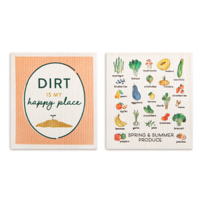 Two biodegradable dish cloths, one is peach with the saying "Dirt is my happy place" and the other has illustrations of spring and summer produce.