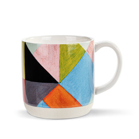 A white ceramic mug with artwork created by ArtLifting artist Charlie French of a pyramid pattern in bright colors.