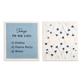 Two blue and white biodegradable dish cloths, one with blue flowers and the other says "Today's To Do List: 1) Dishes 2) Dance Party 3) Relax".