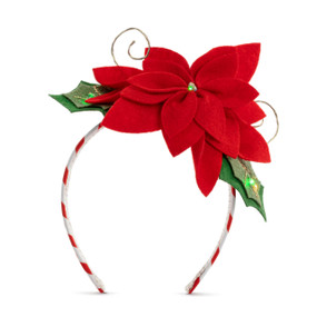A red and white holiday headband with a red and green poinsettia on top.