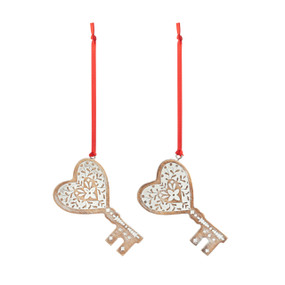 A set of two key shaped decorative wood ornaments designed for one to keep and one to give away.