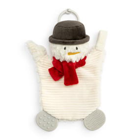 A cream snowman teether buddy wearing a red scarf and black hat. The teether has a stroller ring at the top.