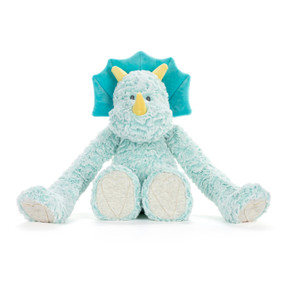 A light green plush Triceratops with heather paws, yellow horns and a green frill. The arms are long and weighted for hugging.