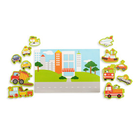 A two sided bath playmat in a city theme. There are individual pieces of different vehicles you would find in the city.