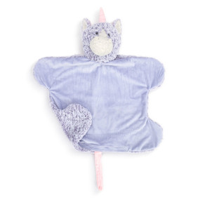 A weighted purple blanket with the head and tail of a unicorn, laid flat with one corner turned over showing the plush side.