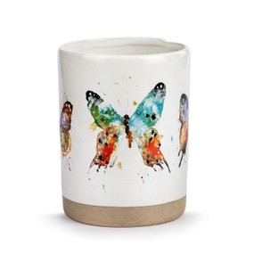A cream ceramic vase with a tan textured base. The vase has colorful watercolor butterflies around it.