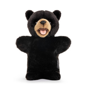 A plush hand puppet of a black bear with a brown muzzle.