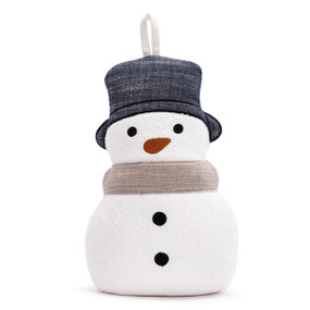 A white fabric door stopper that looks like a snowman wearing a gray scarf and black top hat.