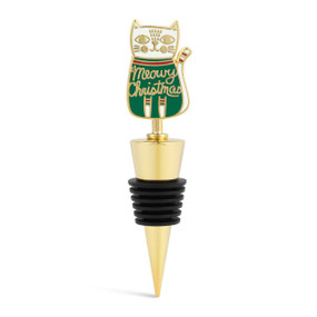 A gold and black bottle stopper with a white and green cat that says "Meowy Christmas".