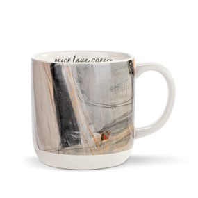 A white ceramic mug with artwork created by ArtLifting artist Charlie French of gray and brown paint strokes. The mug says "peace love coffee" in the inner rim.