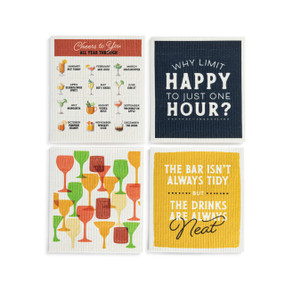 A set of four biodegradable dish cloths with a happy hour theme. Each cloth has a different pattern.