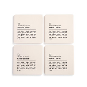 A set of four white ceramic coasters with the saying "RE: Out of Office Floatin' & Boatin'" with a short write up about someone out on the water.