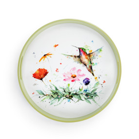 A round green tray with side handles. The interior has watercolor artwork of a hummingbird among wildflowers.