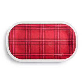 Top down view of a large red rectangular melamine platter with a red and white plaid pattern on the top.