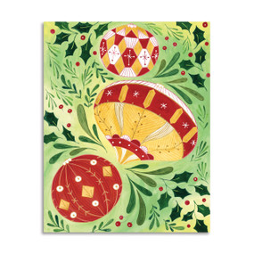 A 120 piece puzzle of a painted image of Christmas ornaments surrounded by holiday greenery. The ornaments are in red, yellow and white.