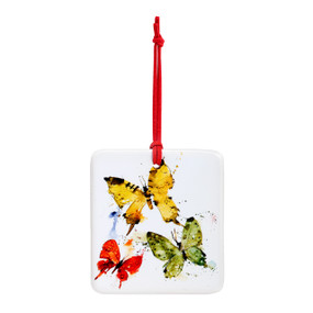 A square ceramic hanging magnet ornament with a watercolor image of colorful butterflies.