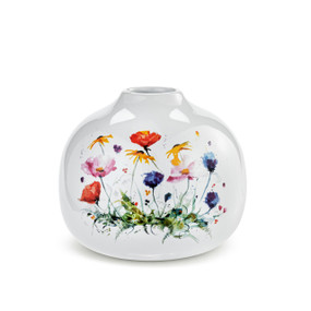 A white ceramic bud vase with a watercolor image of colorful wildflowers.
