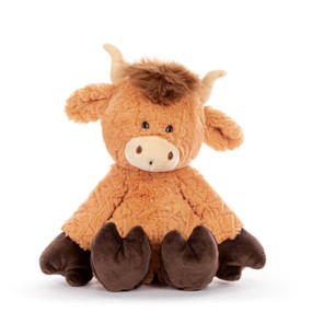 A dark orange and brown plush highland cow with tan horns.
