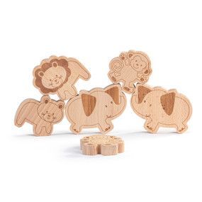 A set of six animal shaped wood blocks with different animals on the front including a lion, monkey and elephant. The blocks are shown stacked.