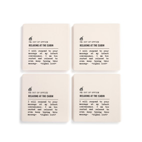 A set of four white ceramic coasters with the saying "RE: Out of Office Relaxing at the Cabin" with a short write up about someone at the cabin.