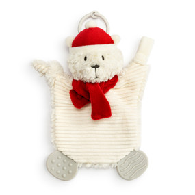 A cream polar bear teether buddy wearing a red scarf and stocking hat. The teether has a stroller ring at the top.