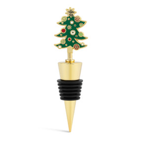 A gold and black bottle stopper with a decorated green Christmas tree on top.
