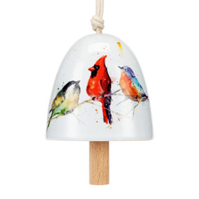 A white mini ceramic bell with a wood clapper. The bell has a watercolor image of songbirds on it.