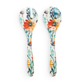 A large white plastic set of two serving utensils with illustrated meadow flowers.