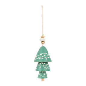 A green and white decorative three tier bell with beads at the top.