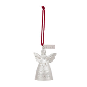 A mini white bell ornament shaped like an angel holding a garland. There is a tag at the top with the word "Love".