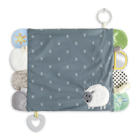 A gray fabric blankie in a faith theme with tabs on each end in different fabrics and textures. The blankie also has a teether and stroller ring attached.