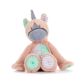 A mini salmon pink plush unicorn with a knit purple nose and horn. The unicorn has purple and green ears, tummy and paws.