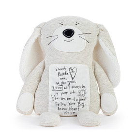 A plush bunny made of heather fabric with an inspirational message to "Sweet Little One" on its belly.