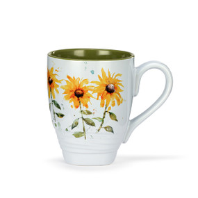 A white ceramic mug with a green interior and watercolor yellow sunflowers around the outside.