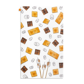 A white kitchen towel with illustrations of graham crackers, chocolate bars and marshmallows for making s'mores.