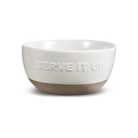 A white ceramic serving bowl with a tan textured base. The front of the bowl says "Serve It Up".