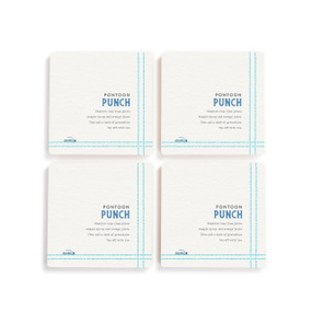 A set of four white square coasters with a basic recipe for a Pontoon Punch written in blue.
